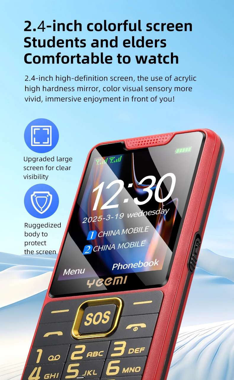 YEEMI K3 Super Thin Mobile Phone 2.4inch HD Screen GSM 2G Dual SIM Card Long Standby Flashlight Camera Type-C Button Phone