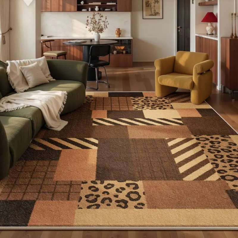 VIKAMA Mid Century Brown Plaid Leopard Patchwork Rectangle Rug Warm Neutral Tone Luxury Living Room Decor Carpet Home Decor