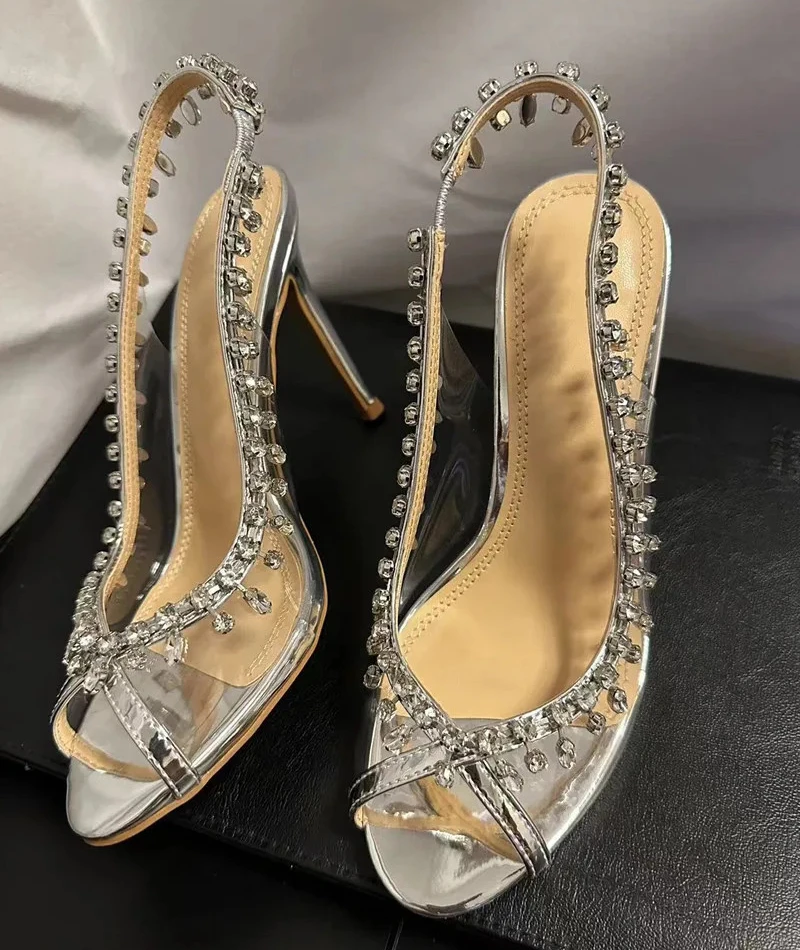 PVC Transparent Heeled Sandals Women Pumps Sexy Rhinestones Thin High Heels Fish Mouth Silver Luxury Party Heels Crystal Sandals