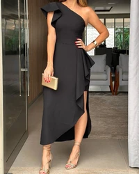 Elegant Women's Dresses Sexy Party Temperament Ruffle Hem Short Sleeve One Shoulder Asymmetrical Fashion Vacation Midi Dress