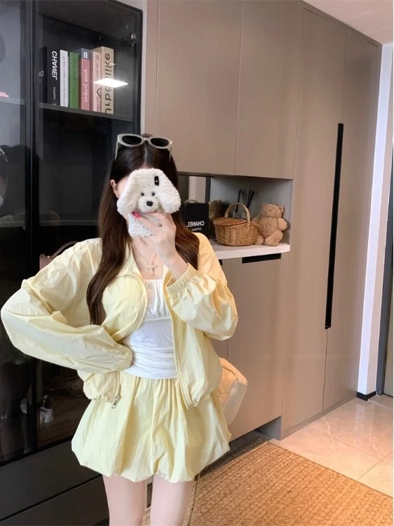 Faionable Summer Casual Zipper Coat And Flower Bud Skirt Two-Piece Set for Women Thin Sle Commute Sle Long Sve