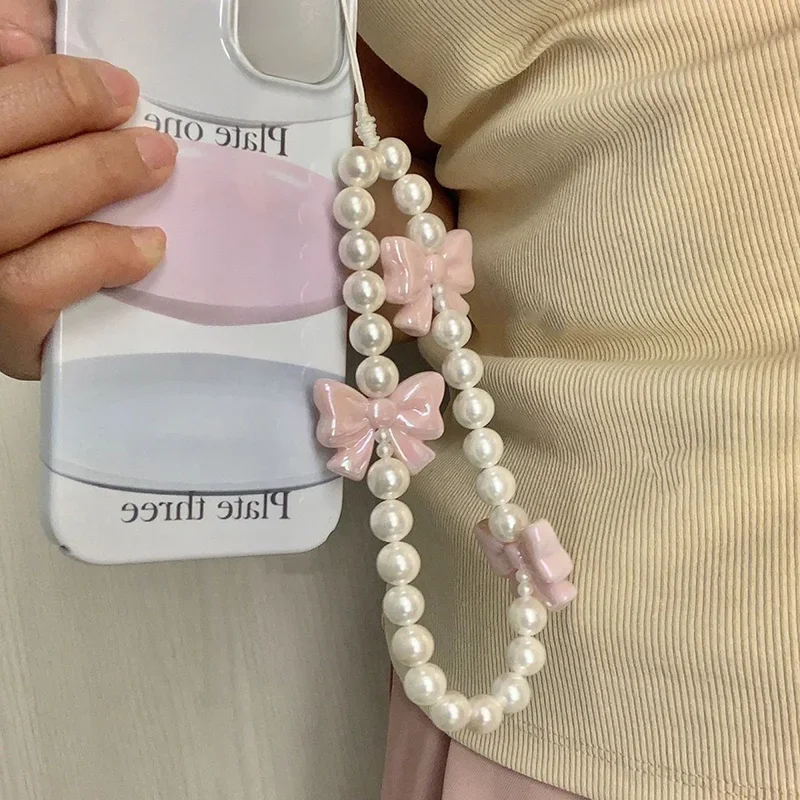 

Розовый жемчужный бант, цепочка для телефона, анти-потерянный браслет для чехла для мобильного телефона, ремешок на запястье, CCD, ремешок для телефона, брелок, портативная цепочка