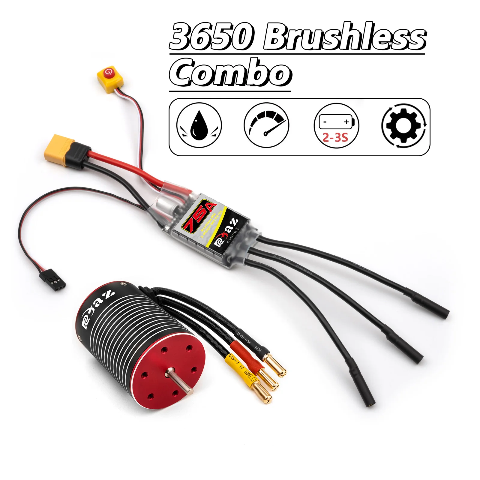 

Бесщеточный двигатель RC 3650 и комбо-контроллер ESC 75A (2-3S) для радиоуправляемых машин, водонепроницаемая система питания с опциями XT60 / T-Plug
