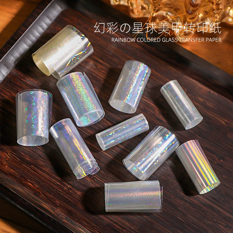 10 Rollen klare Laser-Aurora-Nagelfolien-Aufkleber, schillerndes holografisches Glas, Fragment-Transferfolien-Abziehbilder, 4 x 50 cm, Nageldekoration – Detail 8