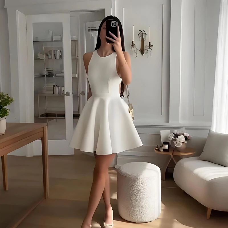 

Sexy Backless Sleeveless High Waisted Evening Dress Simple Solid Color Ruffles Short Dress Fashion O Neck Lace-up Women's Dress