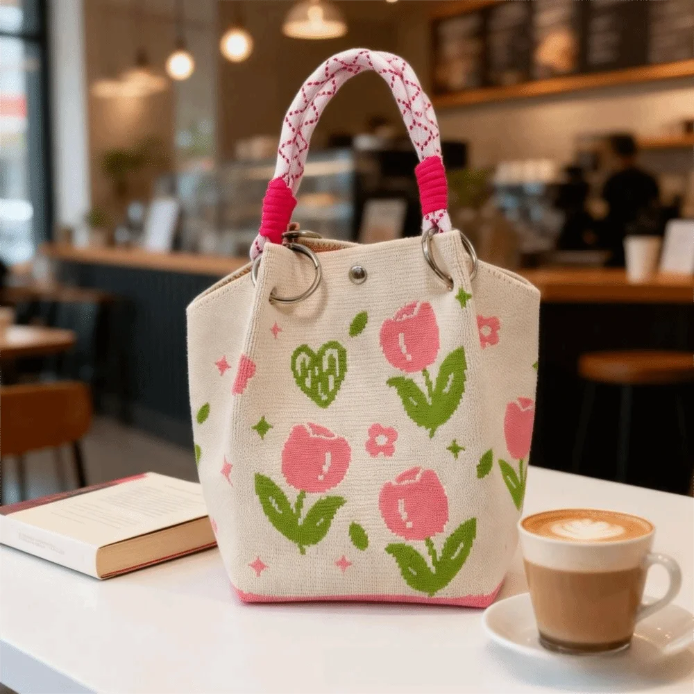 New Cat-themed Floral Knitted Tote Bag Wrapped Handle Cartoon Portable Bucket Bag Colorful Large Capacity Women Tote Bag Outdoor