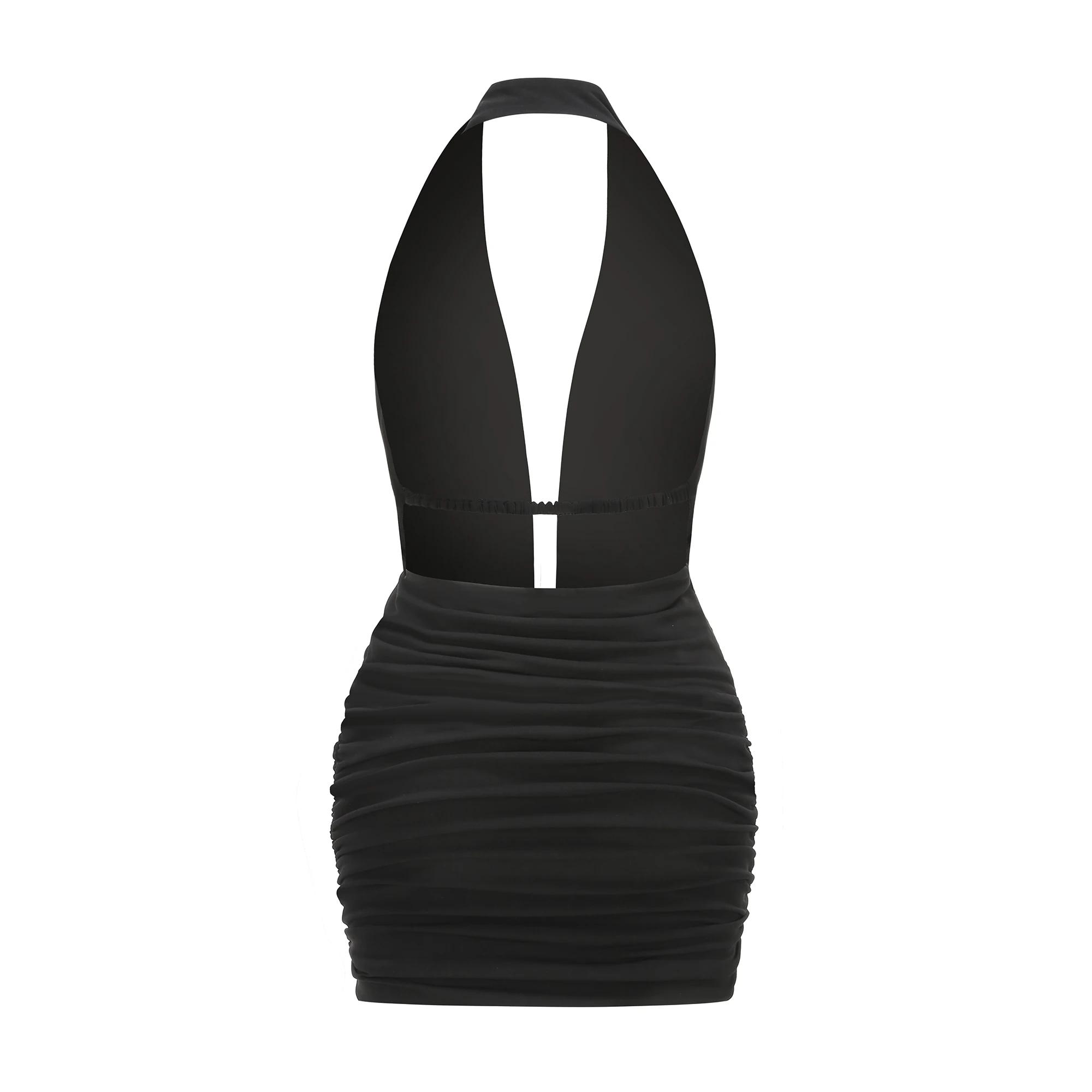 Deep Halter V Neck Mini Dress Sexy Open Back Thin Band Strap Bodycon Evening Dress Triangle Metal Buckle Ruched Wrap Short Dress