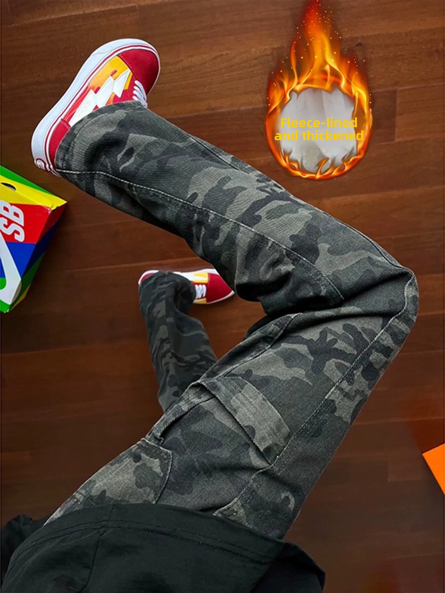 

Thickened Fleece Camouflage Jeans Men's American High Street Style Workwear Trousers Slim Straight Leg Micro Flared Pants