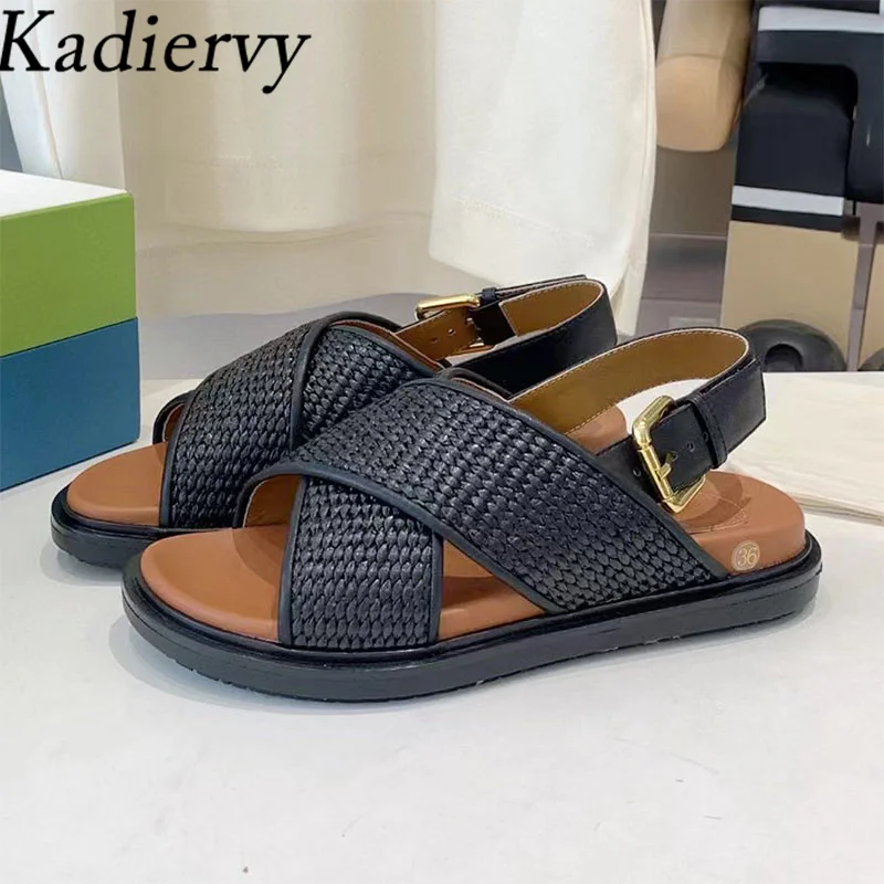 New Flat Sandals for Women Cane Braided Cross Strap Casual Beach Shoes Woman Thick Sole Roman Sandals Summer Sandalias Woman