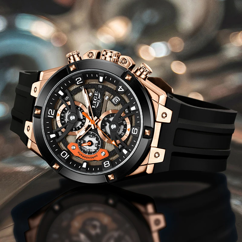 ساعات LIGE مقاومة للماء للرجال، ساعة يد رياضية عسكرية عصرية للرجال من أفضل العلامات التجارية الفاخرة باللون الأسود من السيليكون كرونوغراف كوارتز