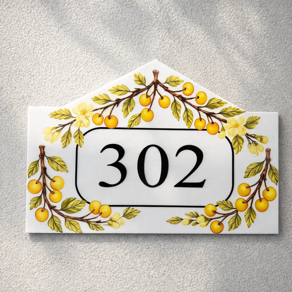 

Arched Wall Number Plate Acrylic UV Printed Cherry House Number Plaque Outdoor Entrance Sign Personalized Home Address Plate