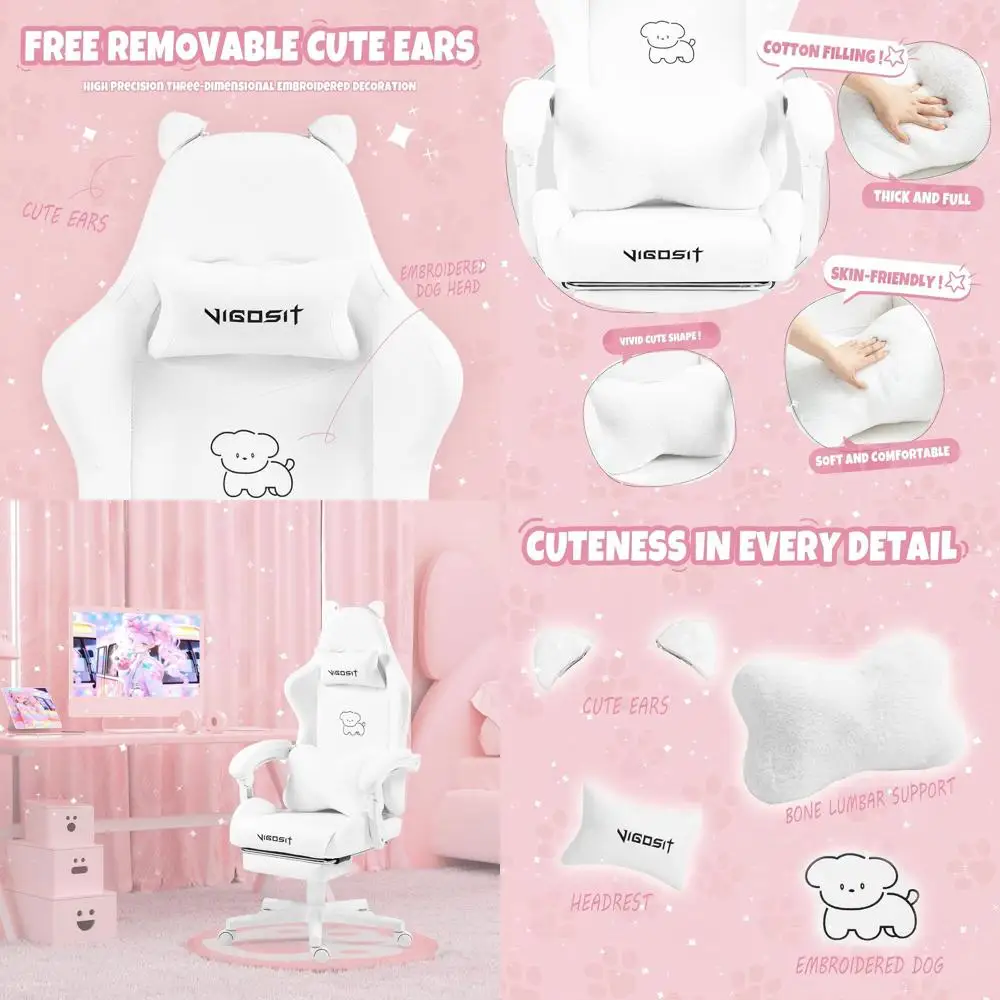 White Adorable Cat-Themed Gaming Chair with Lumbar Support Cushion for PC Gamers and Women