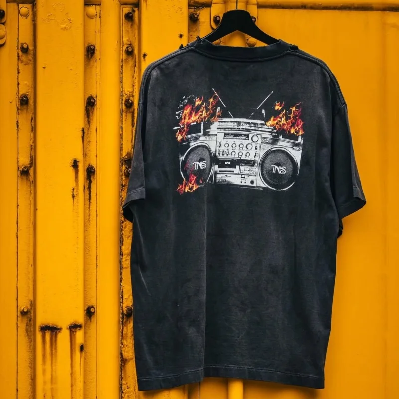 Premium Quality SAINT Cassette Flame Recorder Cassette Flame Washed Cotton Summer T-Shirt