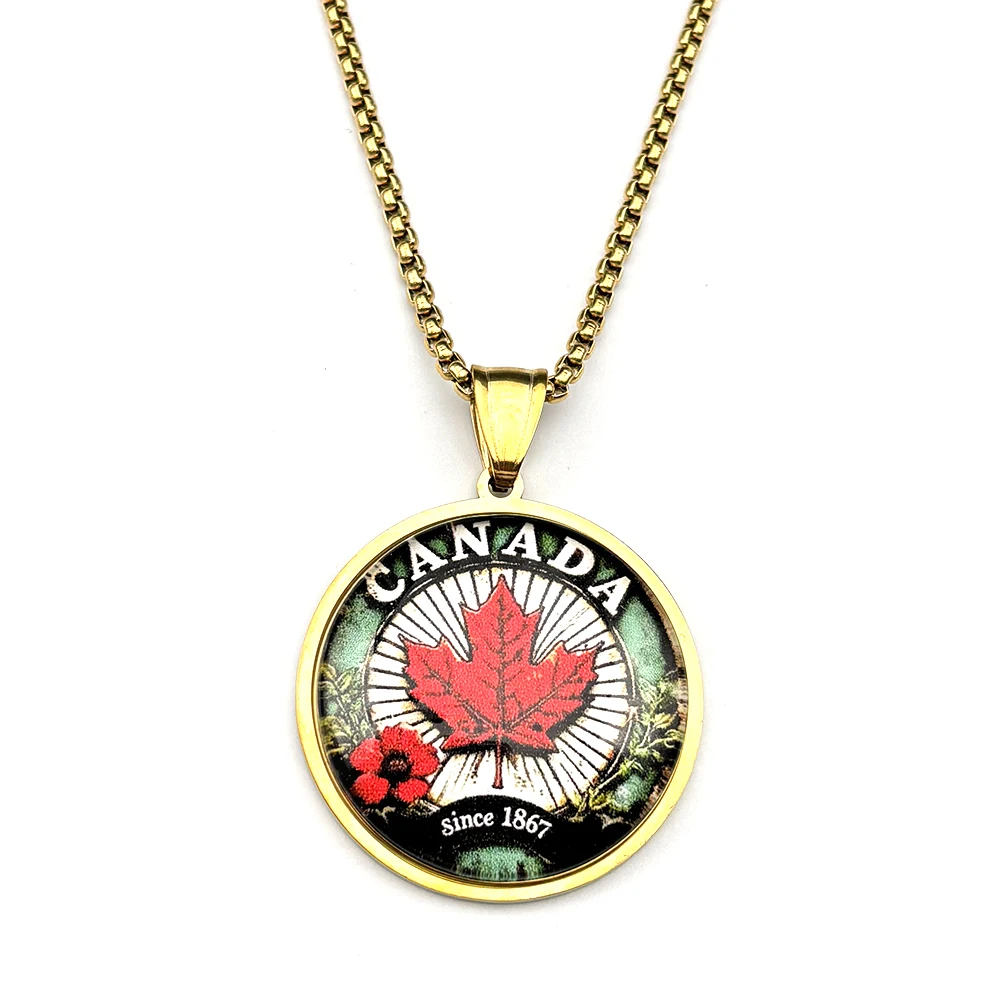 Canada Maple Leaf Pendant Necklace For Women Men Stainless Steel Gold Color Glass Window Peace Culture Flower Chain Jewelry view 5