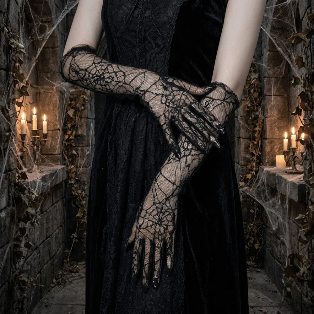 Fashion Solid Color Spider Web Gloves Transparent Mesh Women Driving Gloves Gauze Dark Series Long Mittens Etiquette