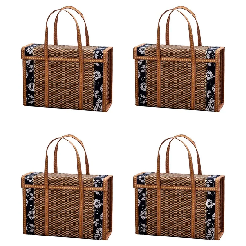 

4X Picnic Woven Basket Wicker Storage Bag Handle Folded Fruit Shopping Food Handle Rattan Grass Foldable Bamboo Basket