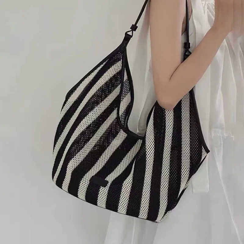 2024 Summer Chic Casual Tote Shoulder Bags Women All-match Commuter Large Capacity Handbags Female Contrast Color Striped Purses