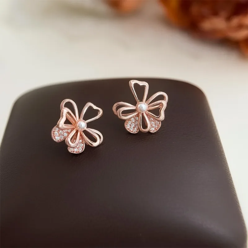 Micropavé Zircon Rose Gold Flower Earrings Women Office-Ready Versatile Hollow Hibiscus High-End Jewelry