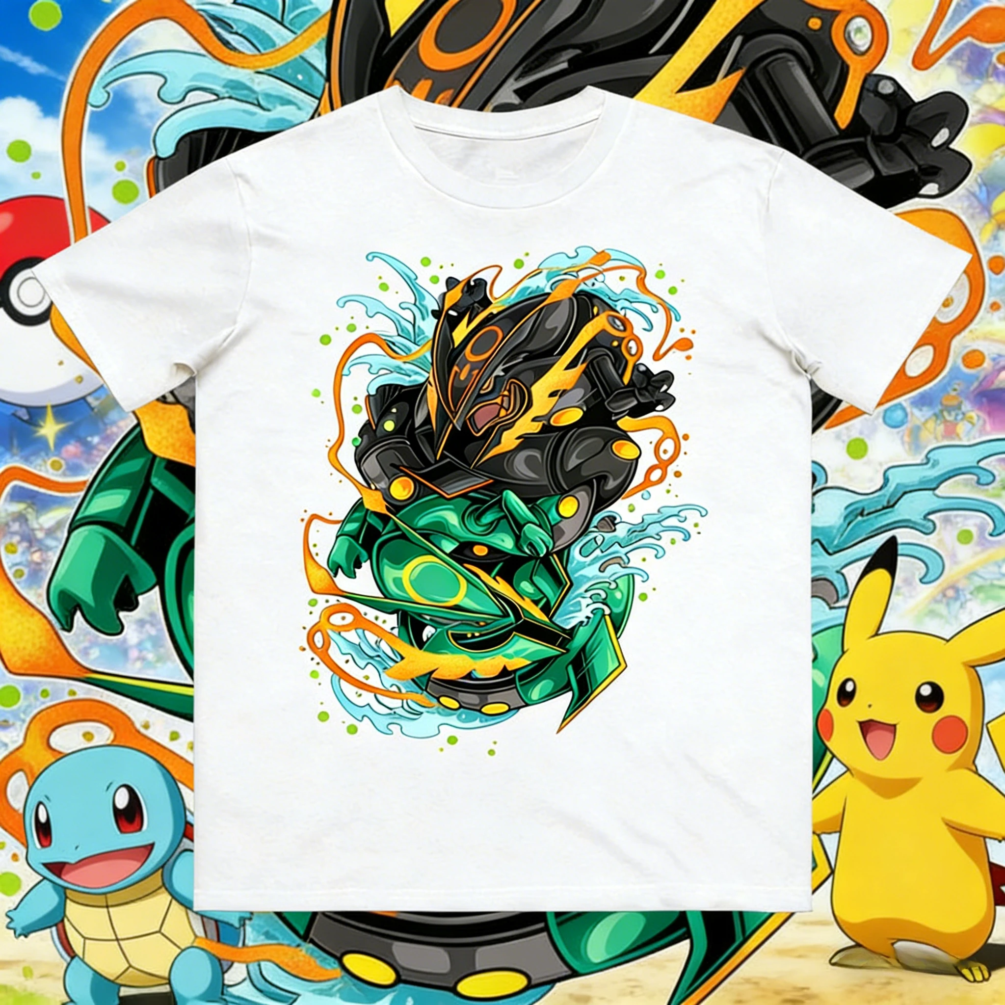 2026 Sommer Pokemon Rayquaza Kunstdruck T-Shirt, 100% Baumwolle Locker Geschnittenes Übergroßes Paar- & Familien-T-Shirt für Reisen, Spiele & Sport Y2k