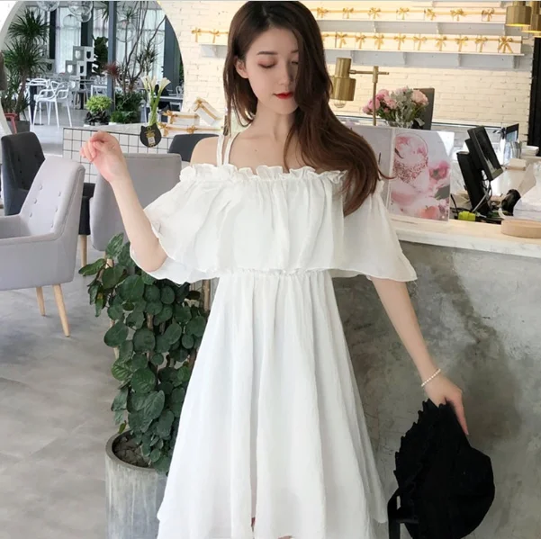 Vestido F de Verão Sem Mangas Estilo Coreano Solto com Cintura em Chiffon Duas Camadas Saia de Fada Estilo Princesa Si...