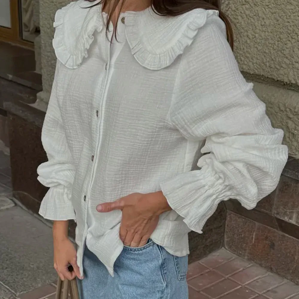 

Gymystars Fashion Cotton Shirt Women's Doll Collar Shirts Casual Ruffled Lantern Sleeves Loose Elegant White Long-sleeved Tops