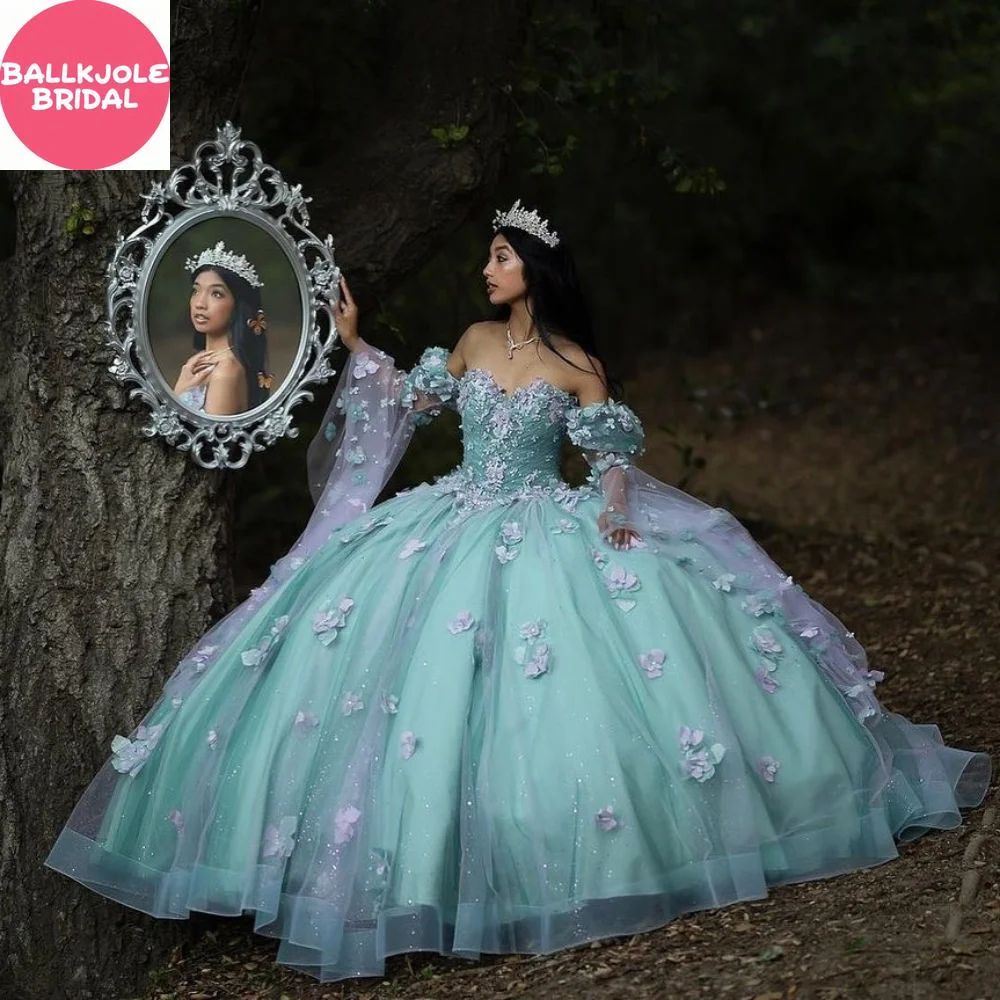 Quinceanera الكرة ثوب قبالة الكتف الحبيب تول زين الدانتيل الزهور 15th فستان عيد ميلاد