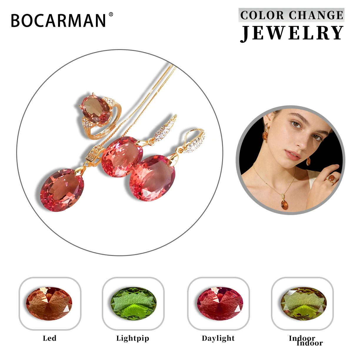 Farbwechselndes Zultanit-Schmuckset für Damen, eleganter ovaler Sultanit-Edelstein-Ring, Ohrringe, Halskette, lichtempfindlich
