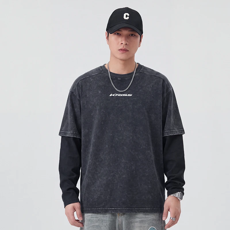 Men Streetwear Hip Hop Oversize Fashion Loose Splice Long Sleeve T-shirt Plus Size Wide Fat T Shirts Tops 7XL 6XL