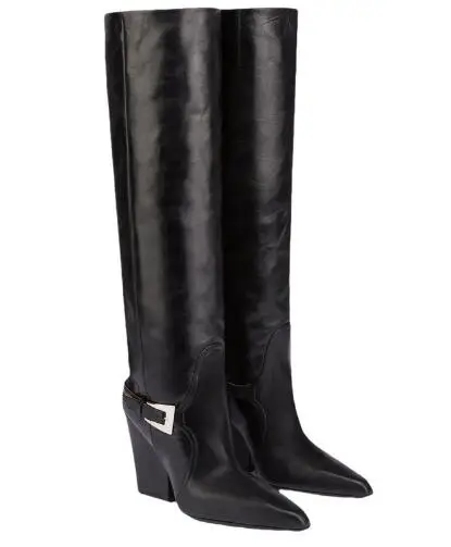 

Hot Women Black Red Leather Metal Buckle Pointed Toe Chunky Heels Knee High Boots Ladies Tube Slip On Run Way Autumn Long Boots