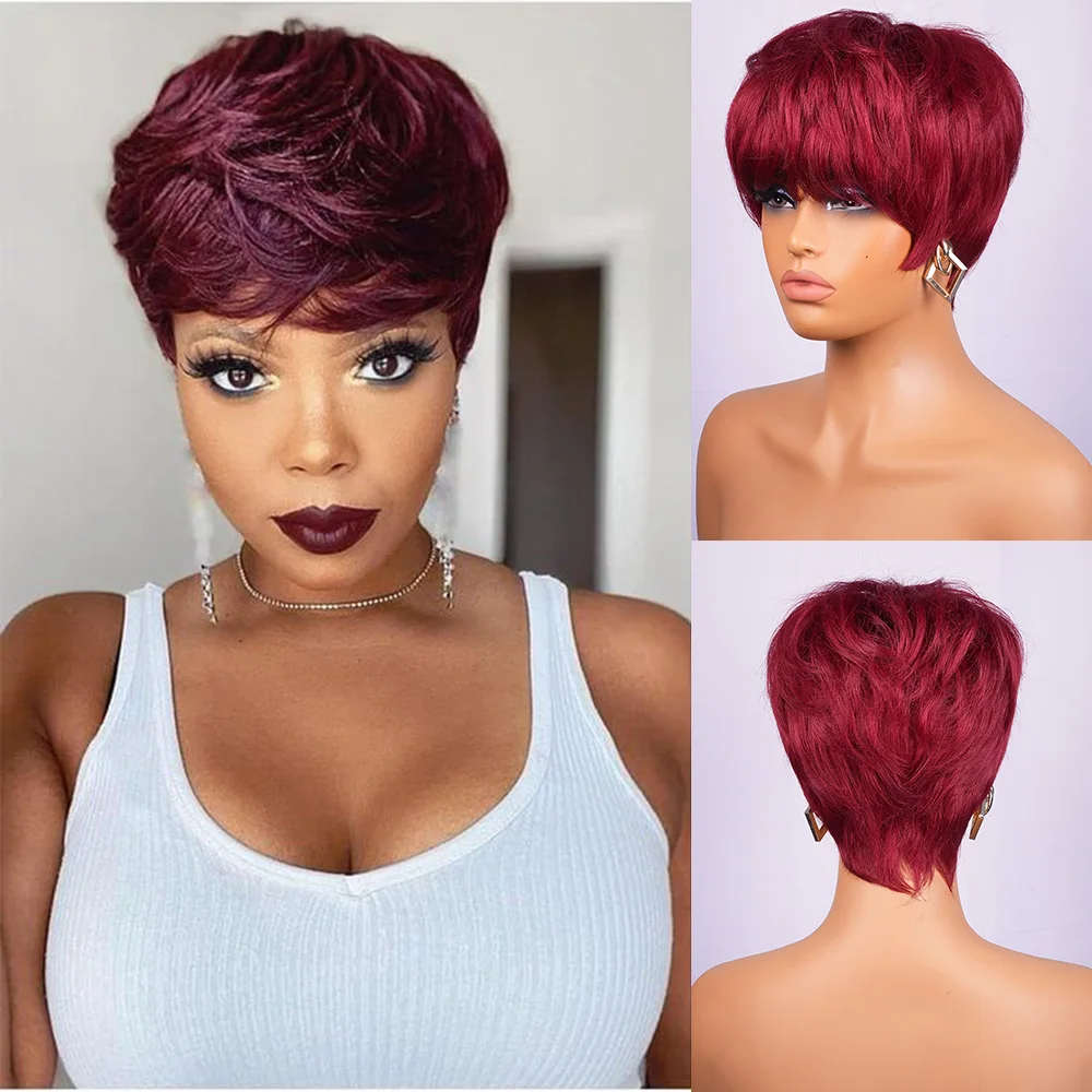 Peruka z ludzkich włosów dla kobiet, krótka, prosta, w kolorze różowej czerwieni, typu pixie cut, wykonana w całości maszynowo, z warstwowymi grzywkami.