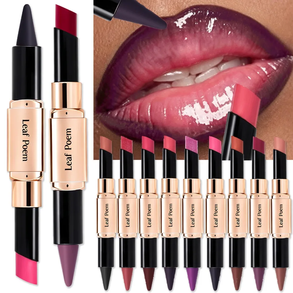 Dual-Purpose Lip Pen Matte Outline Liner 2 IN 1 Glow Shimmer Glossy Sexy Red Lipstick Moisturizing Daily Lip Beauty Cosmetics