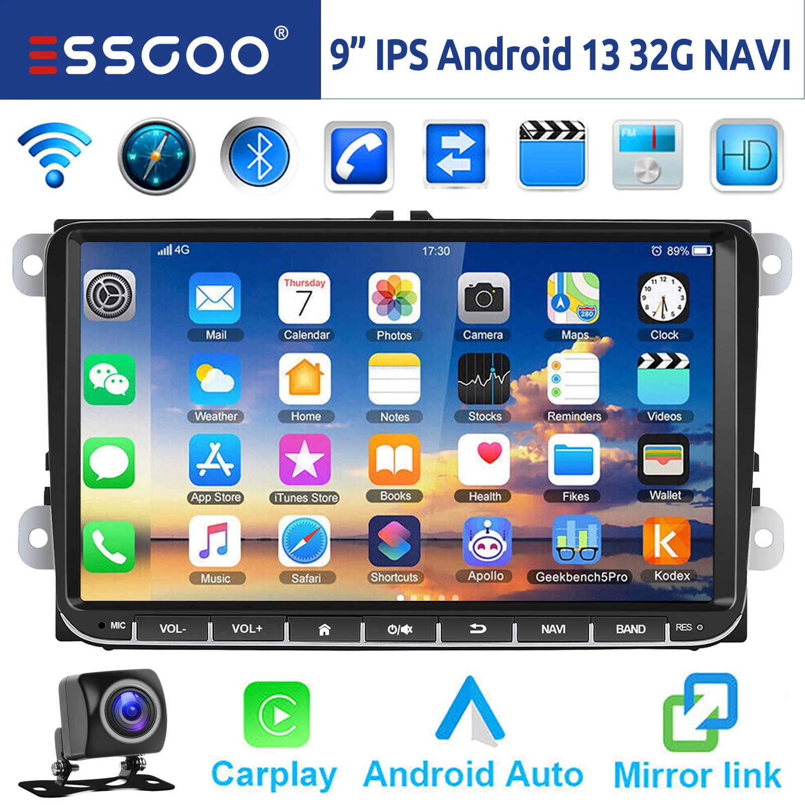 ESSGOO 9 "Android 14 4G + 64G Apple Carplay Autoradio GPS NAVI WIFI RDS FM BT voor VW Golf 5 6 Passat Polo Touran Tiguan Caddy EOS