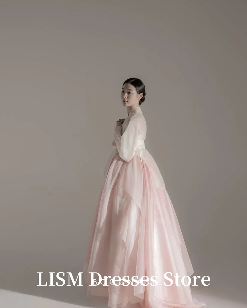 LISM Vintage Pink Korea Wedding Dresses Photo Shoot Soft Organza Floor Length Korea Traditional Wedding Dress 웨딩드레스 Customized