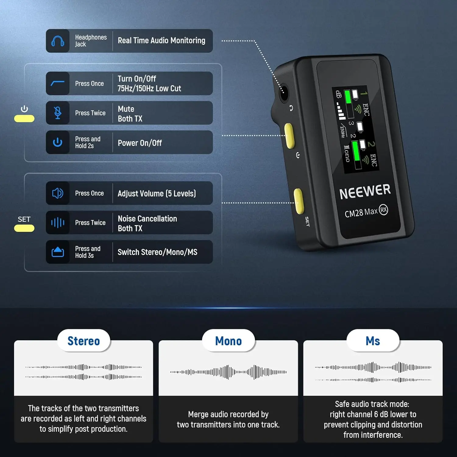 NEEWER CM28 Max Kabelloses Lavalier-Mikrofonsystem mit Ladekoffer 48KHz/Geräuschunterdrückung 8GB Speicher 25 Std. Akkulaufzeit – Detail 8