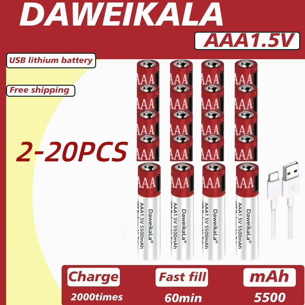 

2026 New AAA 1.5V 5500mAh USB-C Rechargeable Lithium Battery, High Capacity for Remote Control, Mouse, Electric Toys W/TYPE-C