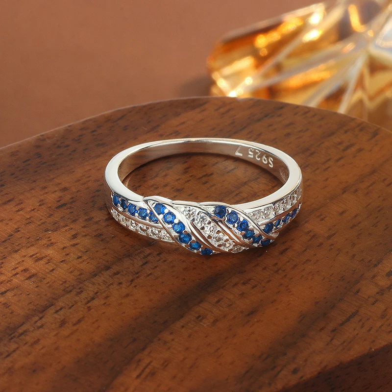 خاتم نسائي من الفضة الإسترليني عيار 925 مع زركون AAAA أزرق، مجوهرات أنيقة مجوفة، شريط قابل للتعديل، هدية لها #2