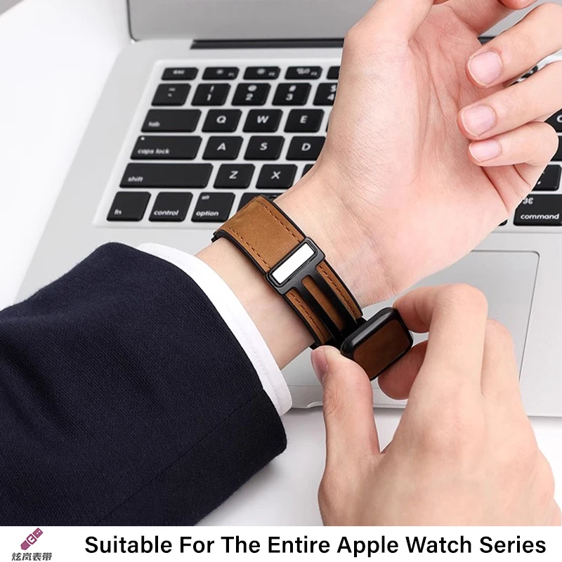 애플워치 밴드 45mm 44mm 40mm 41mm 49mm 42mm용 마그네틱 버클 가죽 스트랩, iWatch 시리즈 9 8 7 6 5 4 SE 울트라 호환