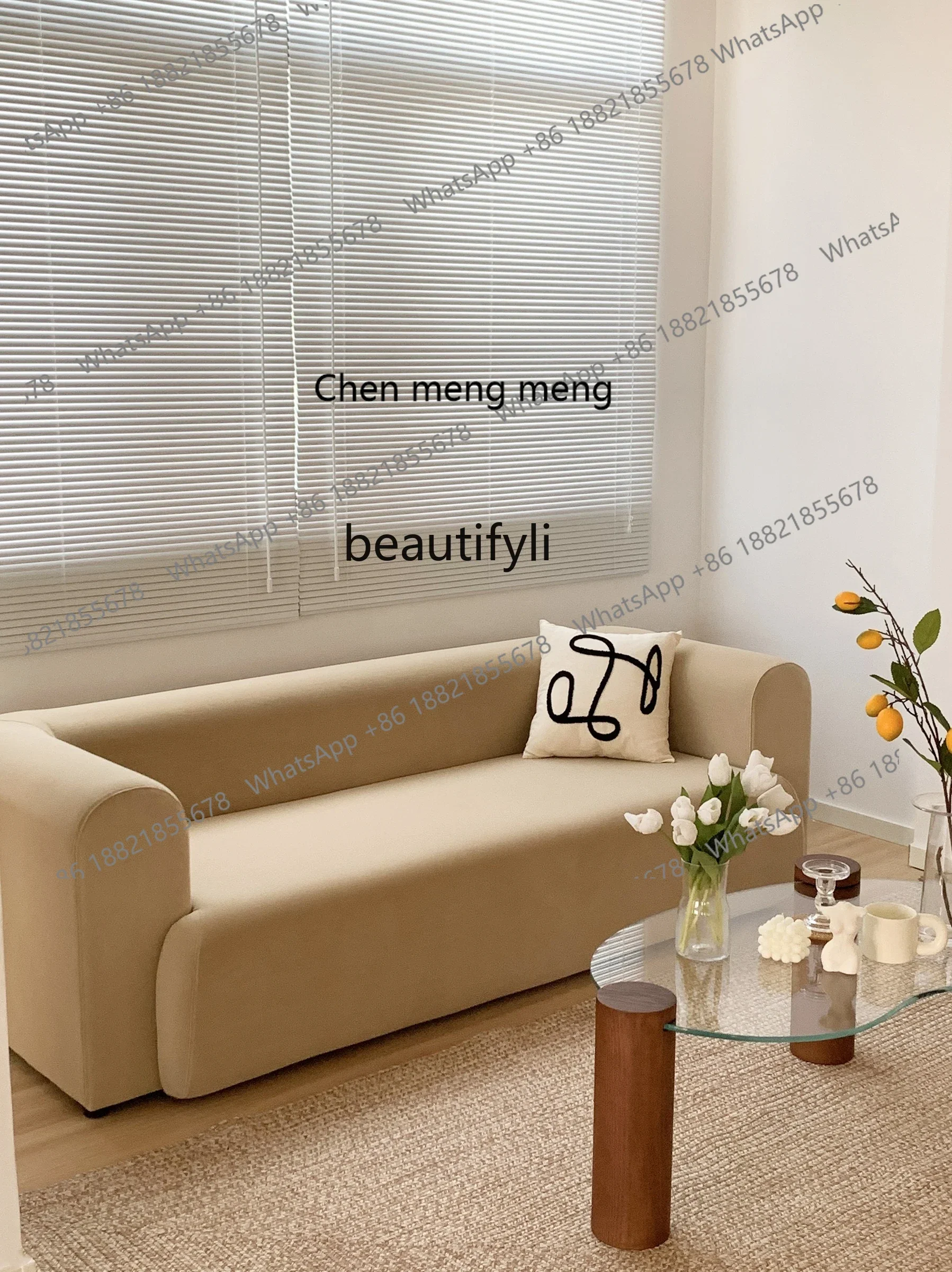 2003Minimalist Style Nordic Apartment Celebrity Straight Fabric Khaki Cream Sofa