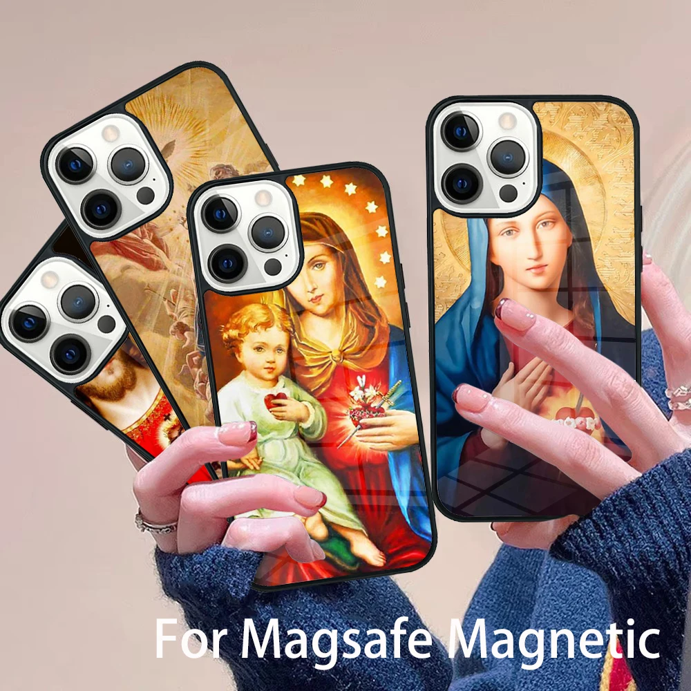 

Virgin Mary And Jesus Heart Phone Case Magesafe Magnetic Wireless Charge Cover For IPhone 16 11 12 13 14 15 Pro Max Plus Mini