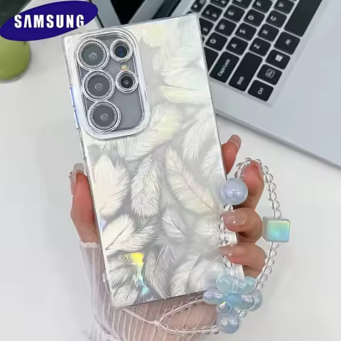 Luxury Laser Gradient Glitter Print Case Samsung Galaxy S25 S24 S23 S22 Ultra Plus A55 A54 A35 A25 Cover With Crystal Bracelet
