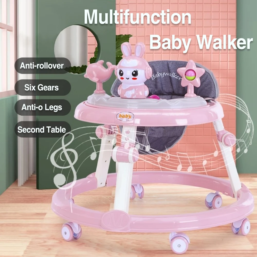 AnGku Baby Walker with Music Toys Foldable Activity Baby Walker with Anti-Roll 6-Wheel Round Chassis 6-Speed Height Adjustment