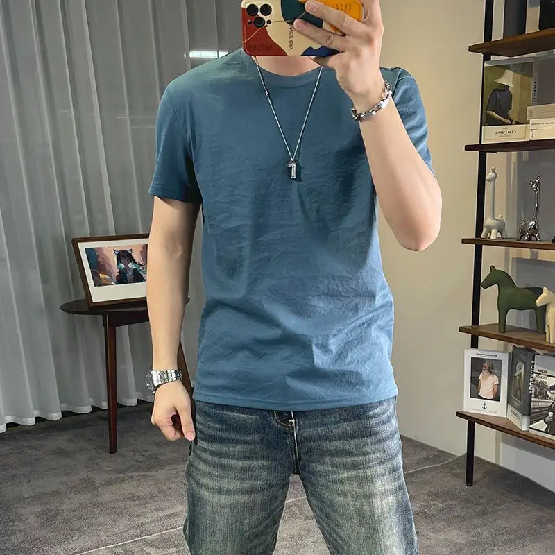 موضة س الرقبة عادية بلون تي شيرت ملابس للرجال 2025 صيف جديد فضفاض كم قصير بلايز الكورية كل مباراة تي شيرت #6