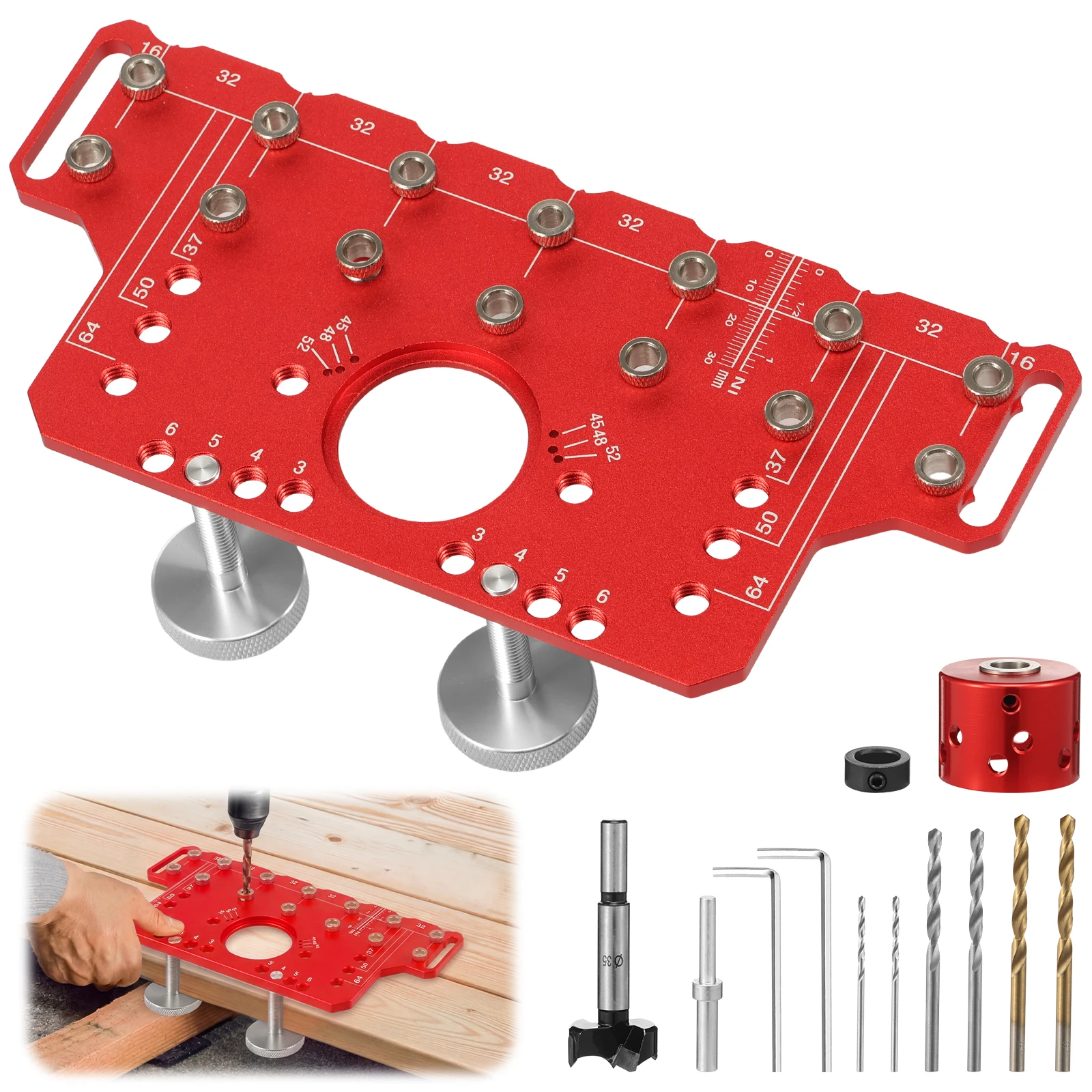 

Aluminum Alloy Cabinet Hinge Jig Hinge Hole Drilling Guide Template with Drill Bits Mortising Kit for Cabinet Door Installation