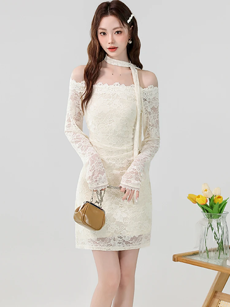 여성 한국 패션 우아한 캐주얼 드레스 가을 화이트 레이스 자카드 가슴 랩 섹시 드레스 2025 우아한 바디콘 숏 드레스