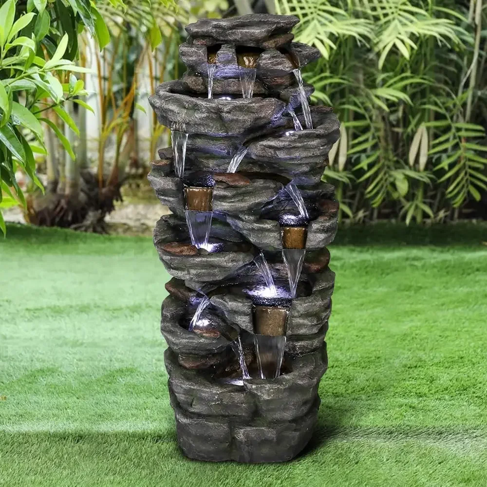 47 1/5” H 9-Tier Outdoor Garden Fountain with LED Light, Stone-Liking Natural Looking Resin Waterfall Feature