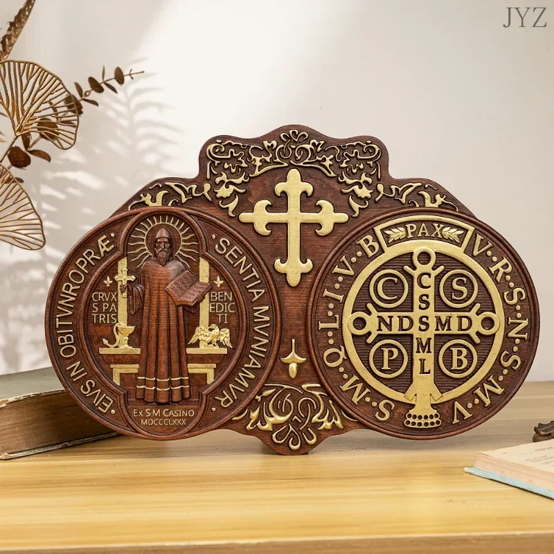High Quality Religious Wood Carving Plaque Catholic Icon Saint Benedict Church Wall Decor