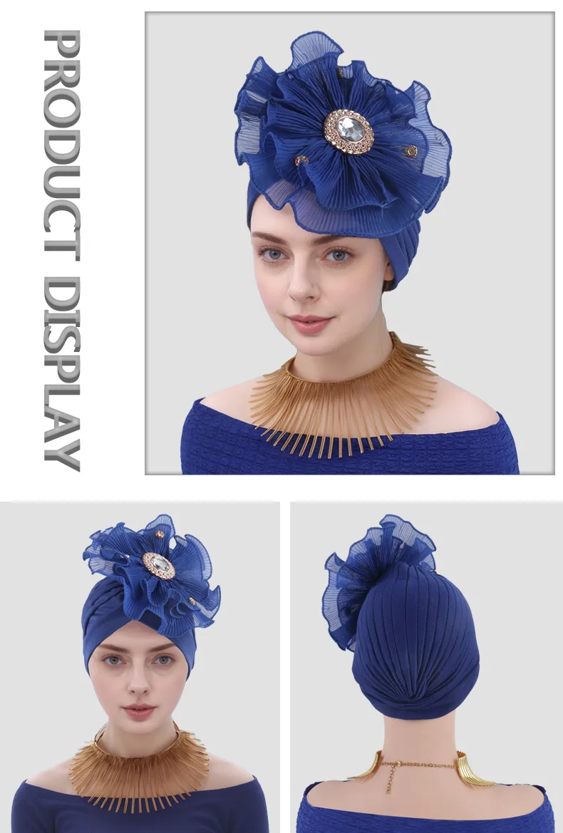 New Diamonds Flower Turban Cap for Women Muslim Hijab Bonnet Nigerian Wedding Head Wrap African Auto Gele Headtie Headscarf Hat