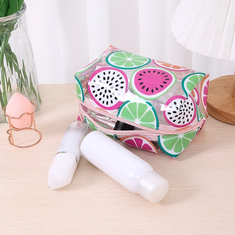 Cute Transparent Cosmetic Bag Large Capacity Pencil Case Fruit Heart Butterfly Print Clear Makeup Storage Bag For Women Kawaii