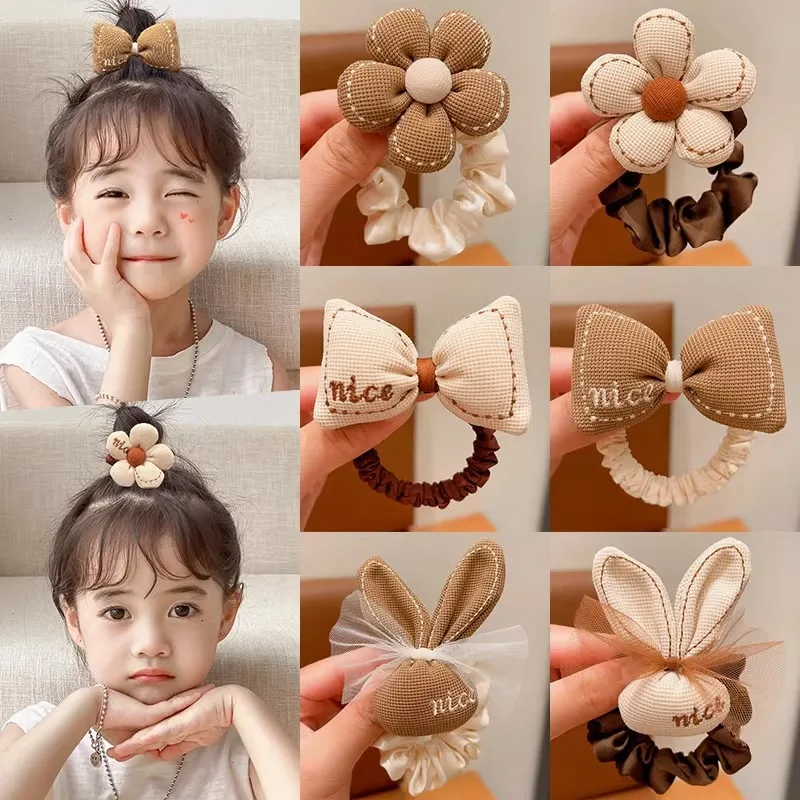 3pc Korean Cartoon Chocolate Elastic Hair Bands Bear Rabbit Hair Ties Rope Girls Gum Smile Flower Scrunchies Kid Ponytail Holder