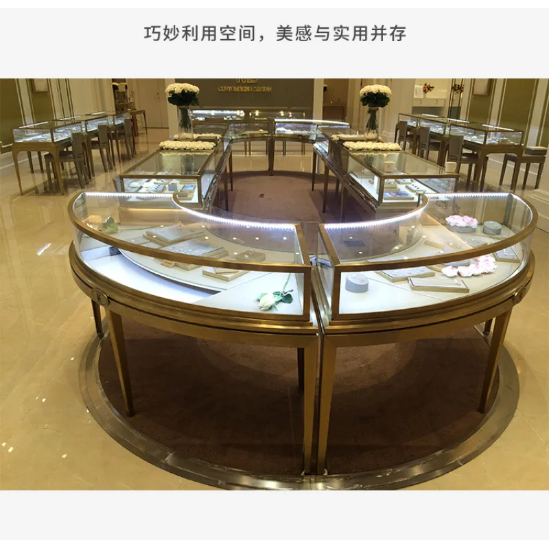 2025customized.Curved Jewelry Shop Fixture Glass Display Counter Lockable Jewelry Glass Vitrine Showcase Display Cabinet